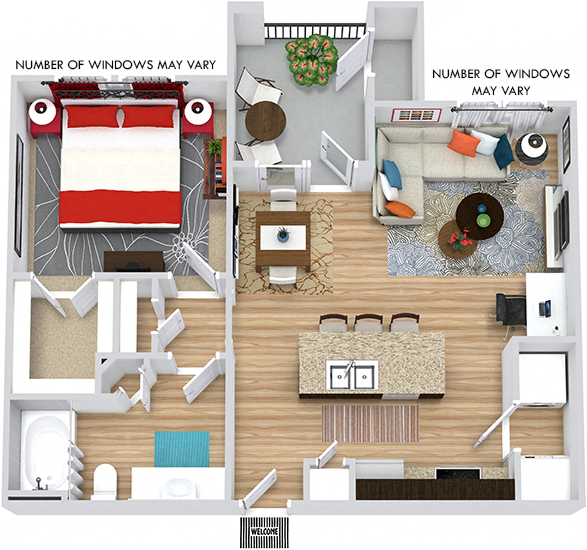 Floor plan for 1 bed, 1 bath, 725 sqft